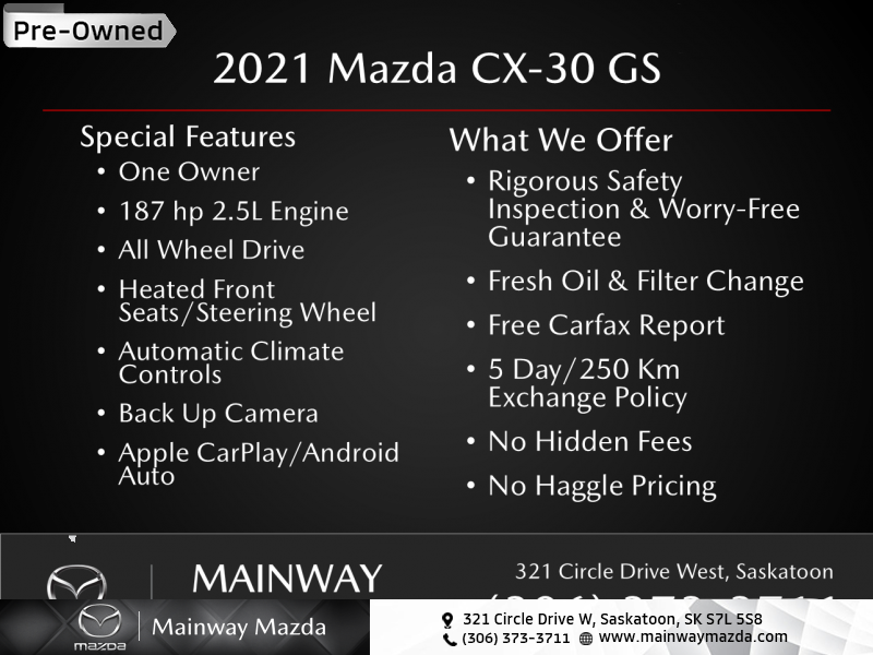 2021 Mazda CX-30 GS  - Heated Seats - $259 B/W