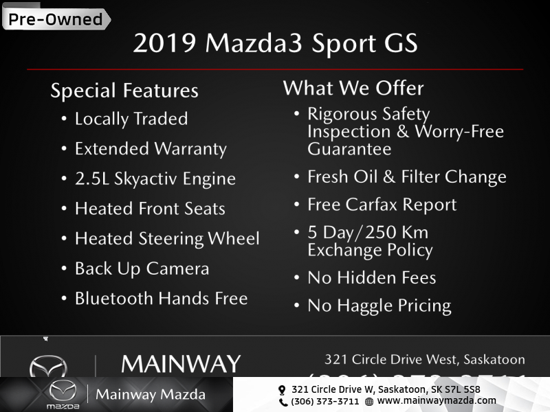 2019 Mazda Mazda3 GS  - Heated Seats - $210 B/W