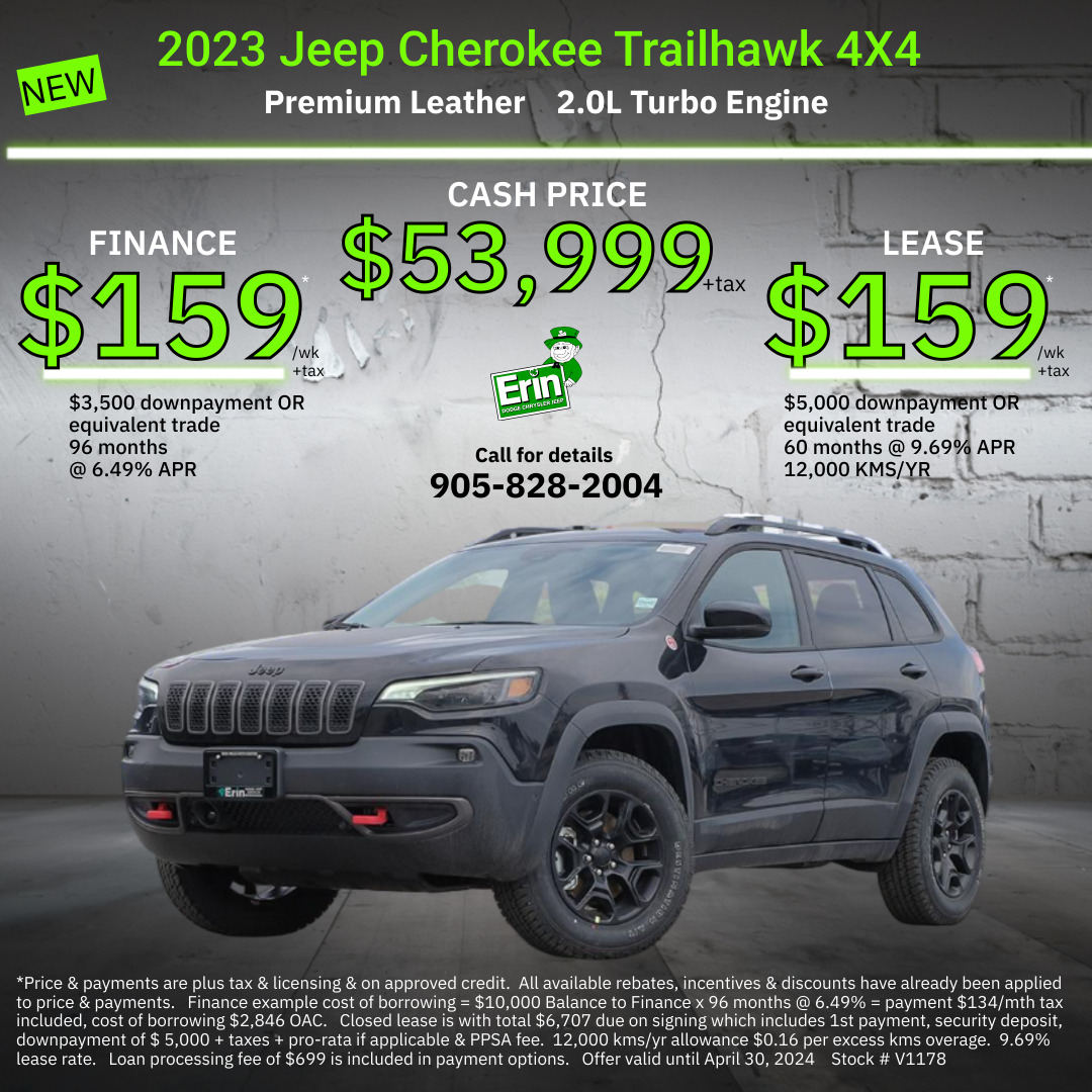 2023 Jeep Cherokee TRAILHAWK 4x4 | 2.0L TURBO ENGINE|PREMIUM LEATHER