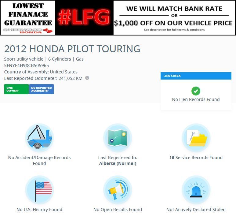 2012 Honda Pilot 4WD Touring | 1 OWNR | RMOT STRT | 2 SETS OF TIRES