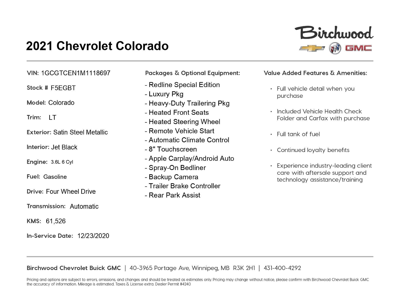 2021 Chevrolet Colorado 4WD LT 2-year Maintenance Free!