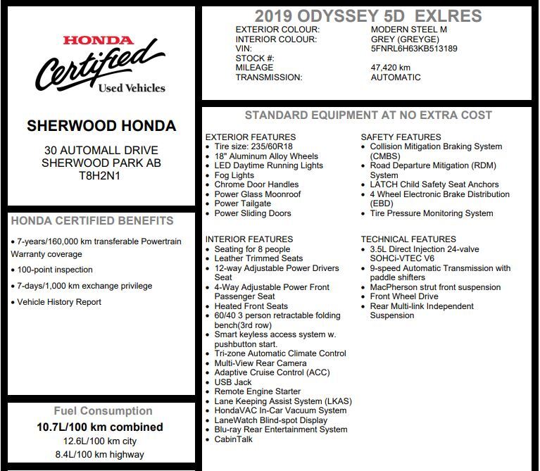 2019 Honda Odyssey EX-L RES | REMOTE START | SAFETY SENSE | LEATHER