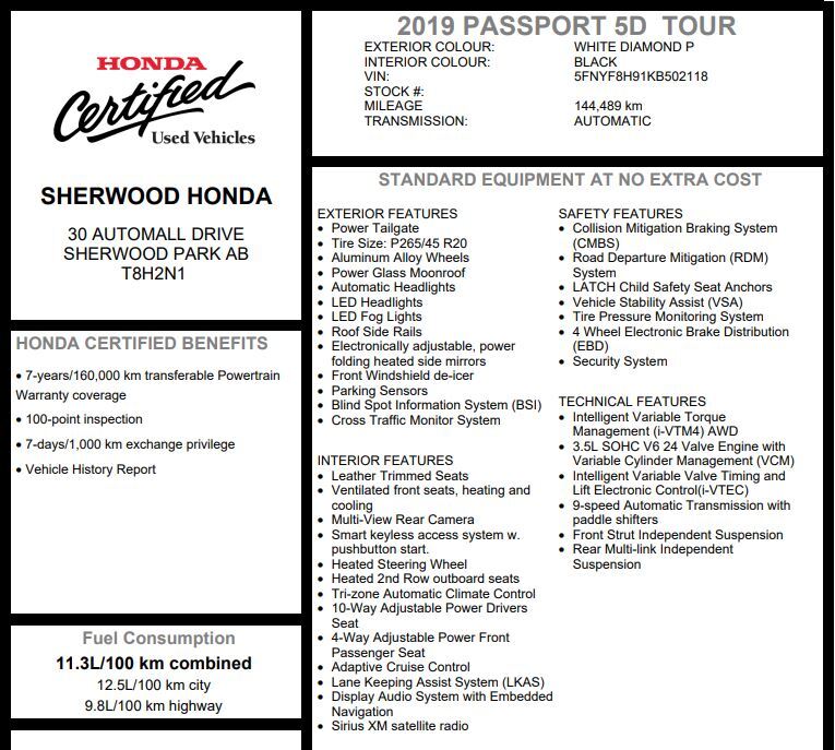 2019 Honda Passport Touring AWD | REMOTE START | HONDA SENSE | LEATHER