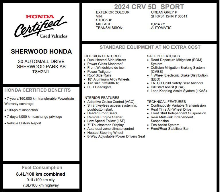 2024 Honda CR-V Sport AWD | SAFETY SENSE | HEATED SEATS+STEER | 3M