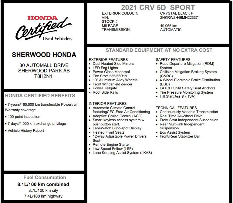 2021 Honda CR-V Sport AWD | REMOTE START | HEATED LEATHER COMBO