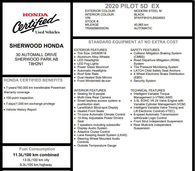 2020 Honda Pilot EX AWD | REMOTE START | HONDA SENSE | HEATED SEATS