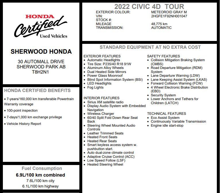 2022 Honda Civic Touring | REMOTE START | FULL LOAD | HONDA SENSING