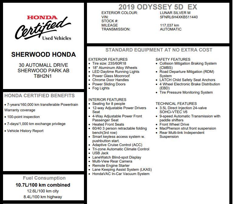 2019 Honda Odyssey EX | 3M | REMOTE START | SAFETY SENSE | HOMELINK