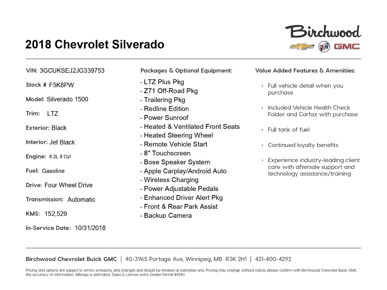 2018 Chevrolet Silverado 1500 LTZ 2-year Maintenance Free!