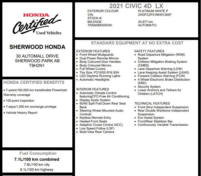 2021 Honda Civic LX | HONDA SENSING | HEATED SEATS | NO ACCIDENTS