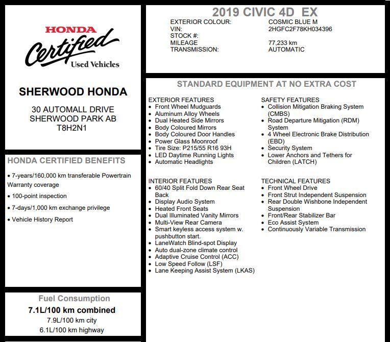 2019 Honda Civic EX | HONDA SENSE | 3M | REMOTE START | HEATED SEAT